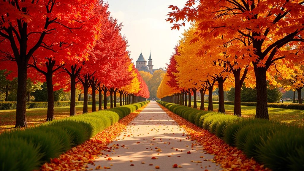 Autumn foliage with vibrant red and gold leaves on trees lining garden pathways at Průhonice Castle