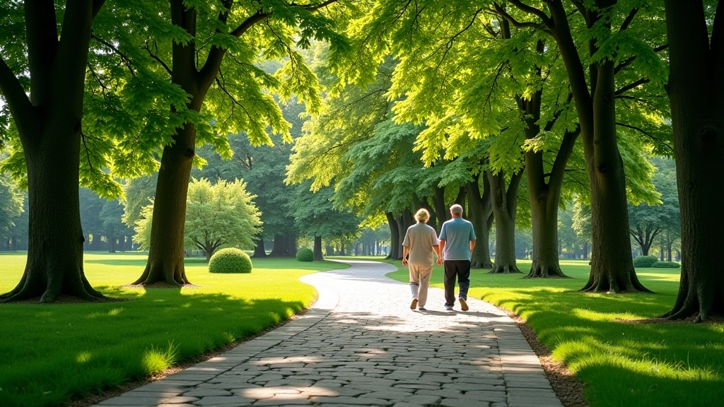 Scenic garden pathway with mature trees and natural lighting at Průhonice Castle Gardens