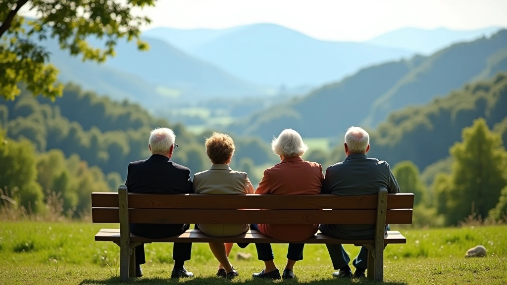 Group of seniors sitting on a bench overlooking a scenic valley during a regional park walk