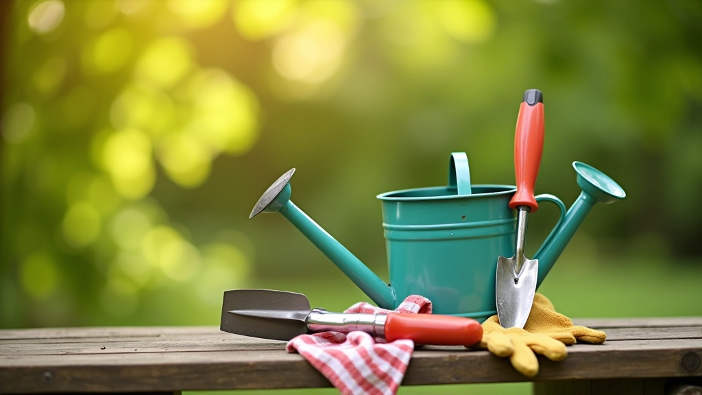Watering can and various hand tools arranged neatly on a garden potting bench with organized storage