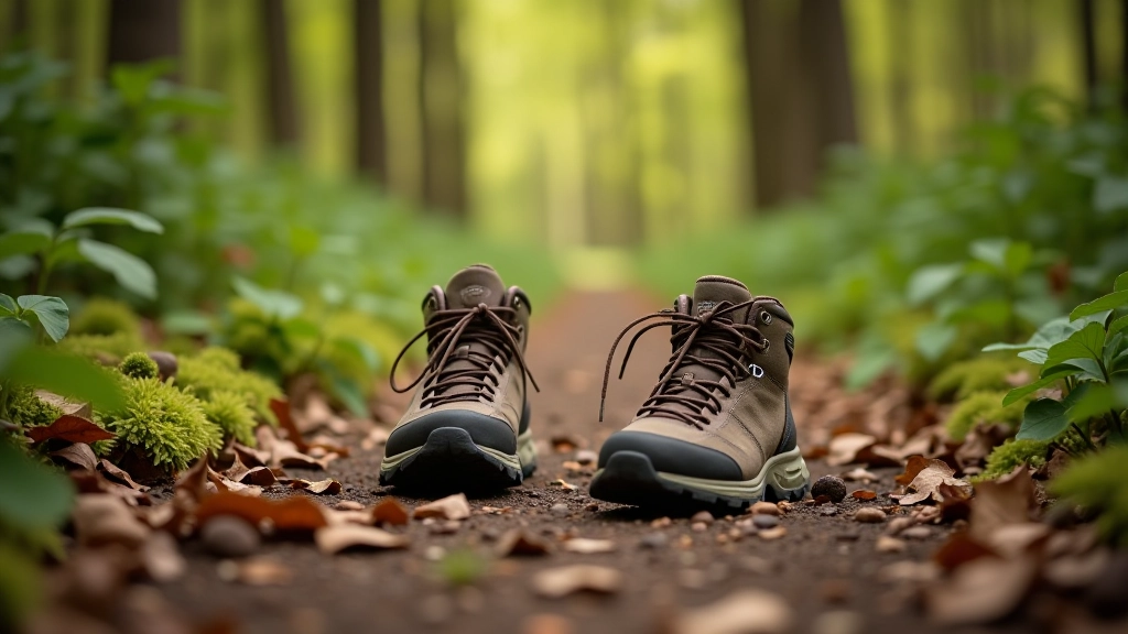 Comfortable walking shoes placed on a natural woodland path with fallen leaves and moss