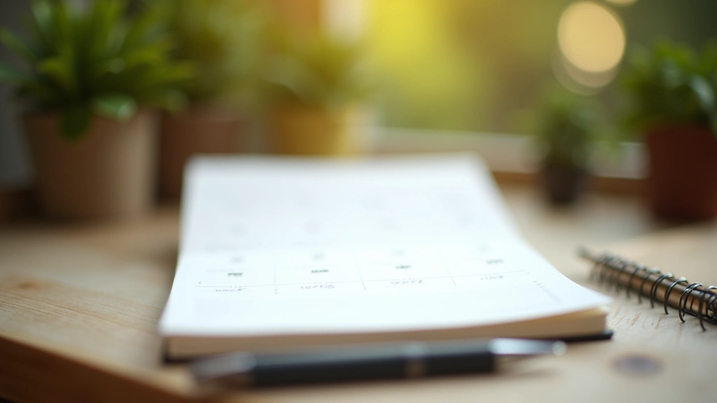 Open calendar and garden journal on a wooden table with pen and plant care notes