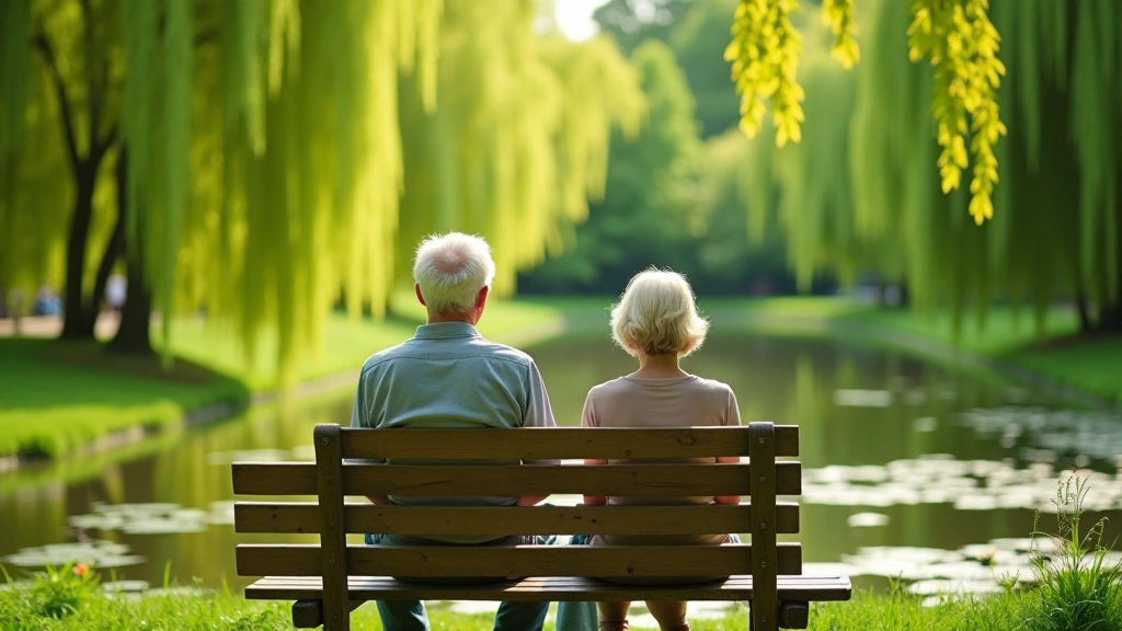 Senior couple sitting on a wooden bench overlooking a pond with water lilies and willow trees