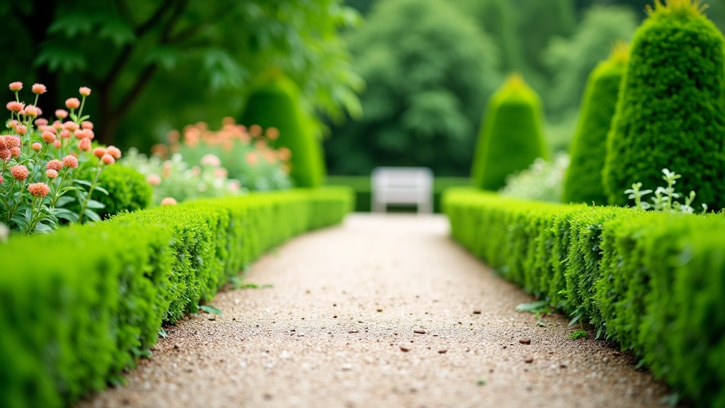 Gravel walking path with lush green hedges and flowering plants lining both sides of route