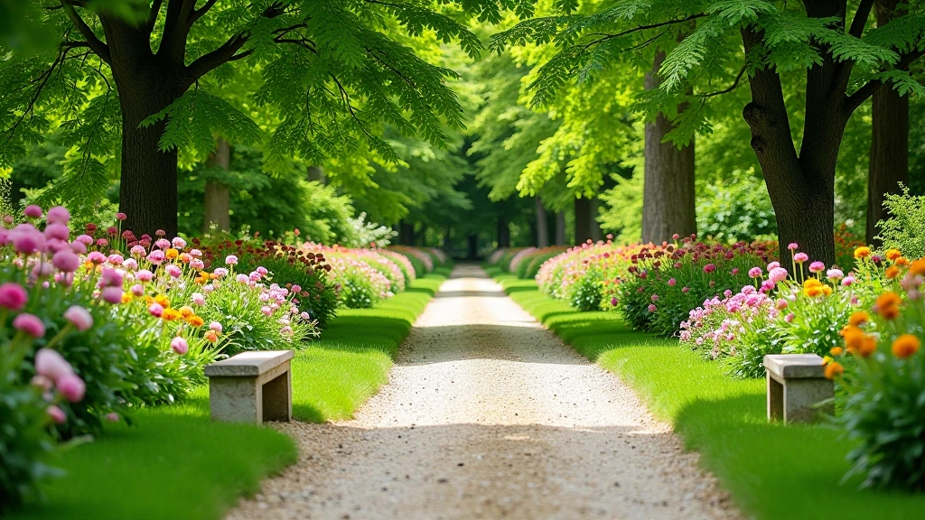 Winding gravel path through lush green gardens with flowering plants and stone benches