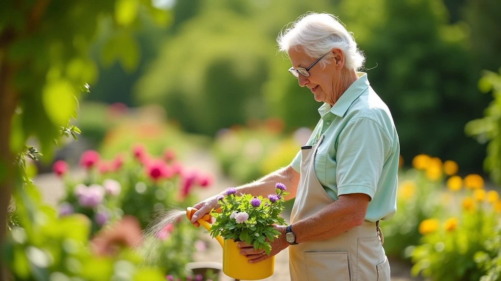 Person watering flowering plants in containers on a sunny garden patio with a gentle arc of water