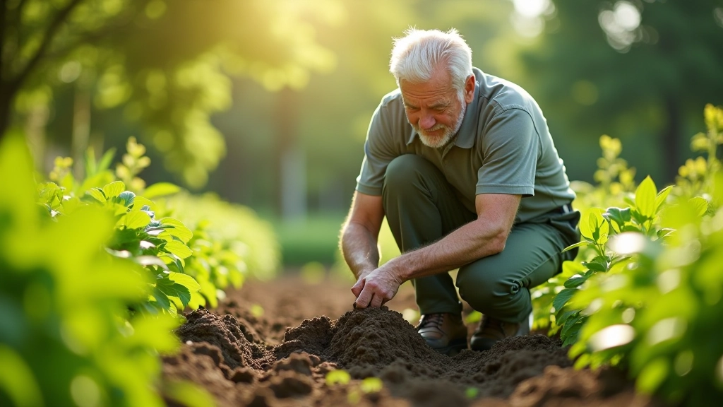 Gardener examining soil moisture with their hand near plant roots, sunny morning in a vegetable garden