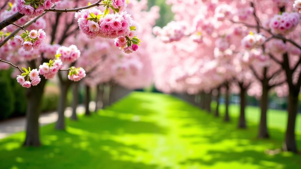 Spring flowering trees with delicate pink and white blossoms surrounding a garden pathway at Průhonice Castle