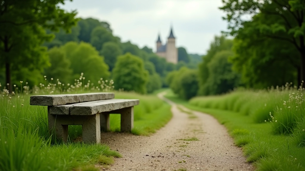 Stone bench positioned on elevated area overlooking garden landscape with castle visible in background