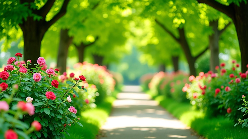 Lush green summer gardens with blooming rose bushes and shaded tree canopies at Průhonice Castle estate