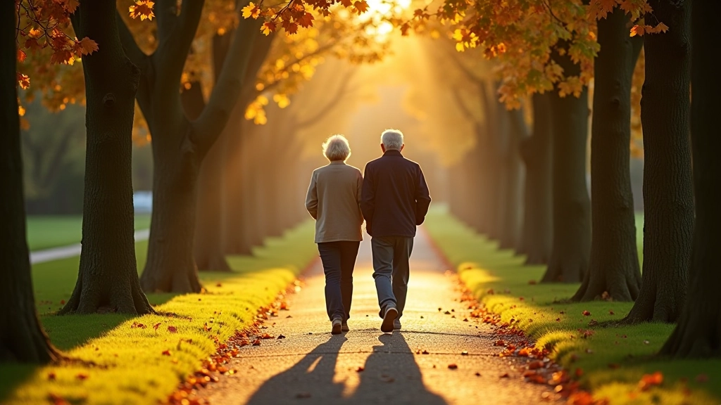 Senior couple walking through Průhonice castle gardens in autumn, surrounded by historic trees and manicured gardens