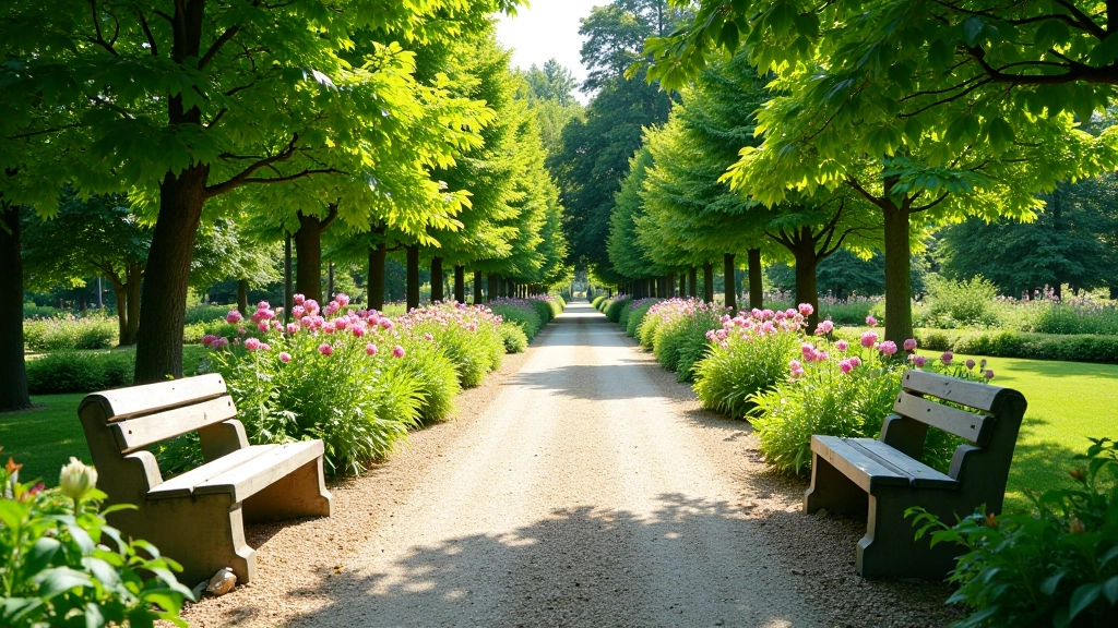 Scenic garden pathway with stone benches and flowering plants at Průhonice Castle Gardens