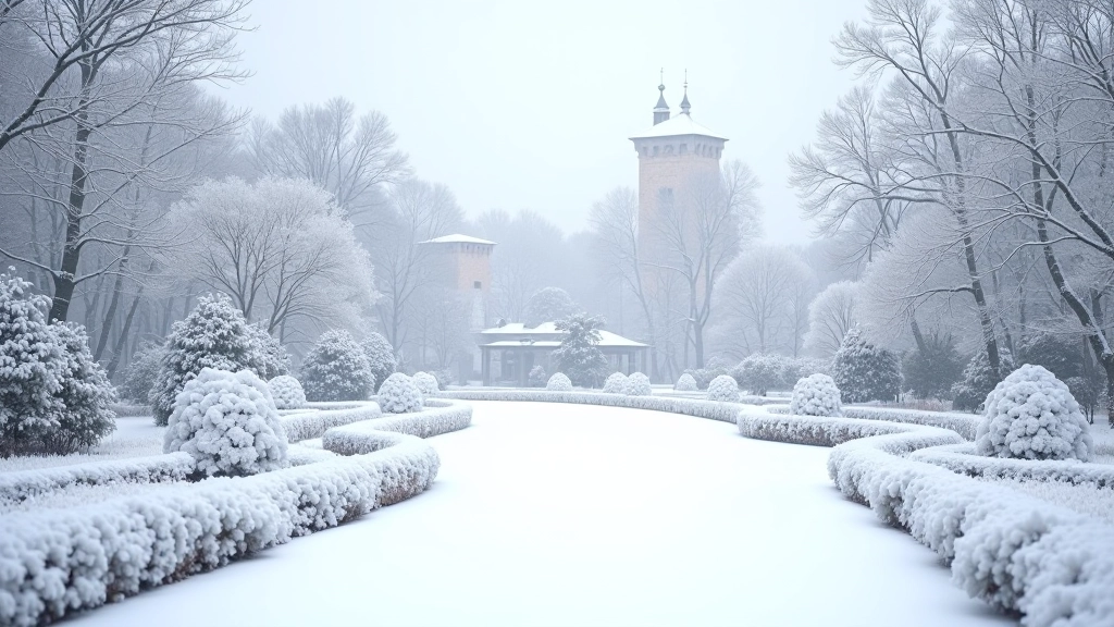 Snow-covered winter landscape with frost-covered trees and castle visible through the haze at Průhonice Gardens