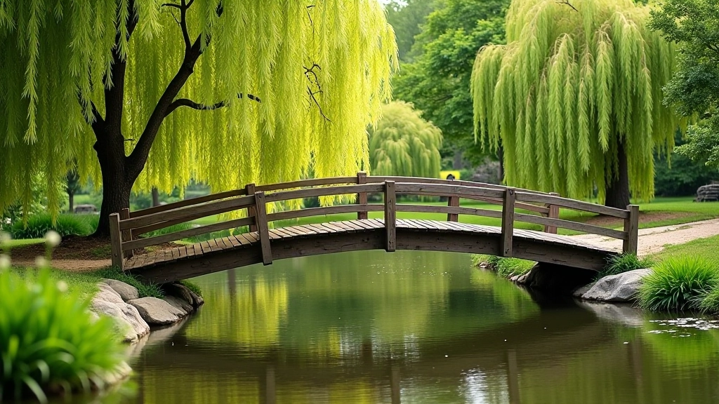 Wooden bridge crossing small pond with weeping willow tree reflected in calm water